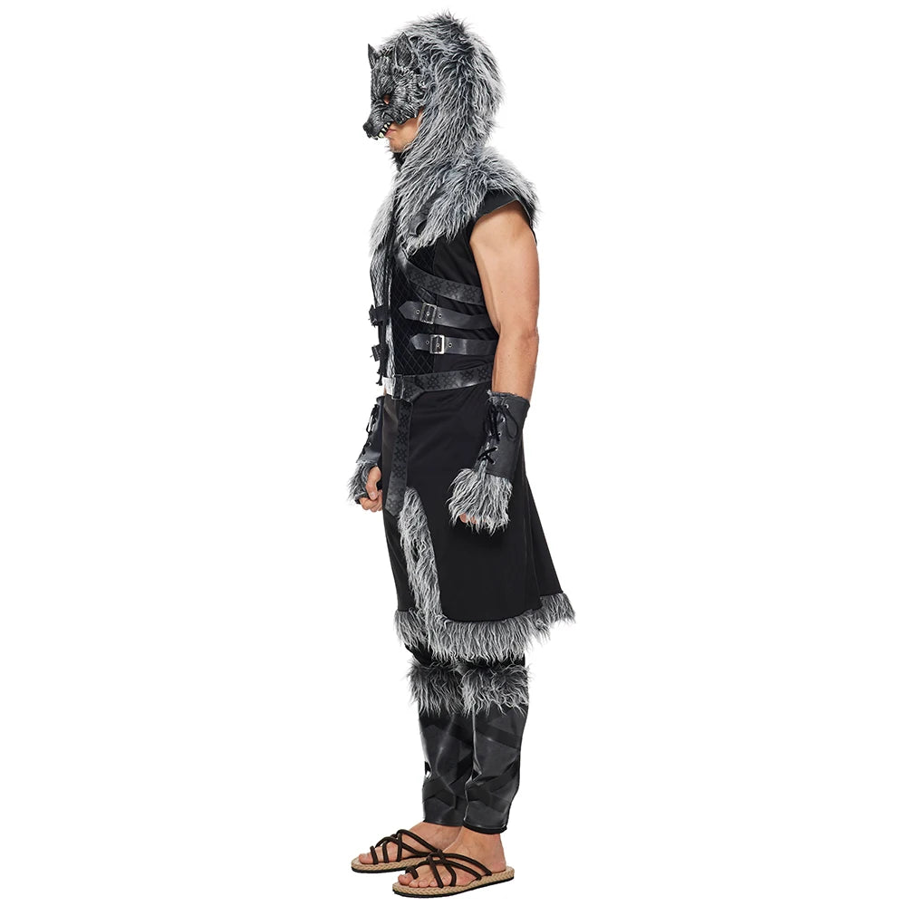 Wolf Costume Werewolf Warrior Cosplay Voksen Halloween kostumer Pelslæder Jumpsuit Viking komplet sæt