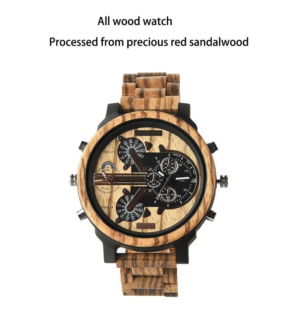 Stort ansikt Stort Tre Mote Kvarts Armbåndsur Strap Kjole Dual Clock Wooden Viking Watch