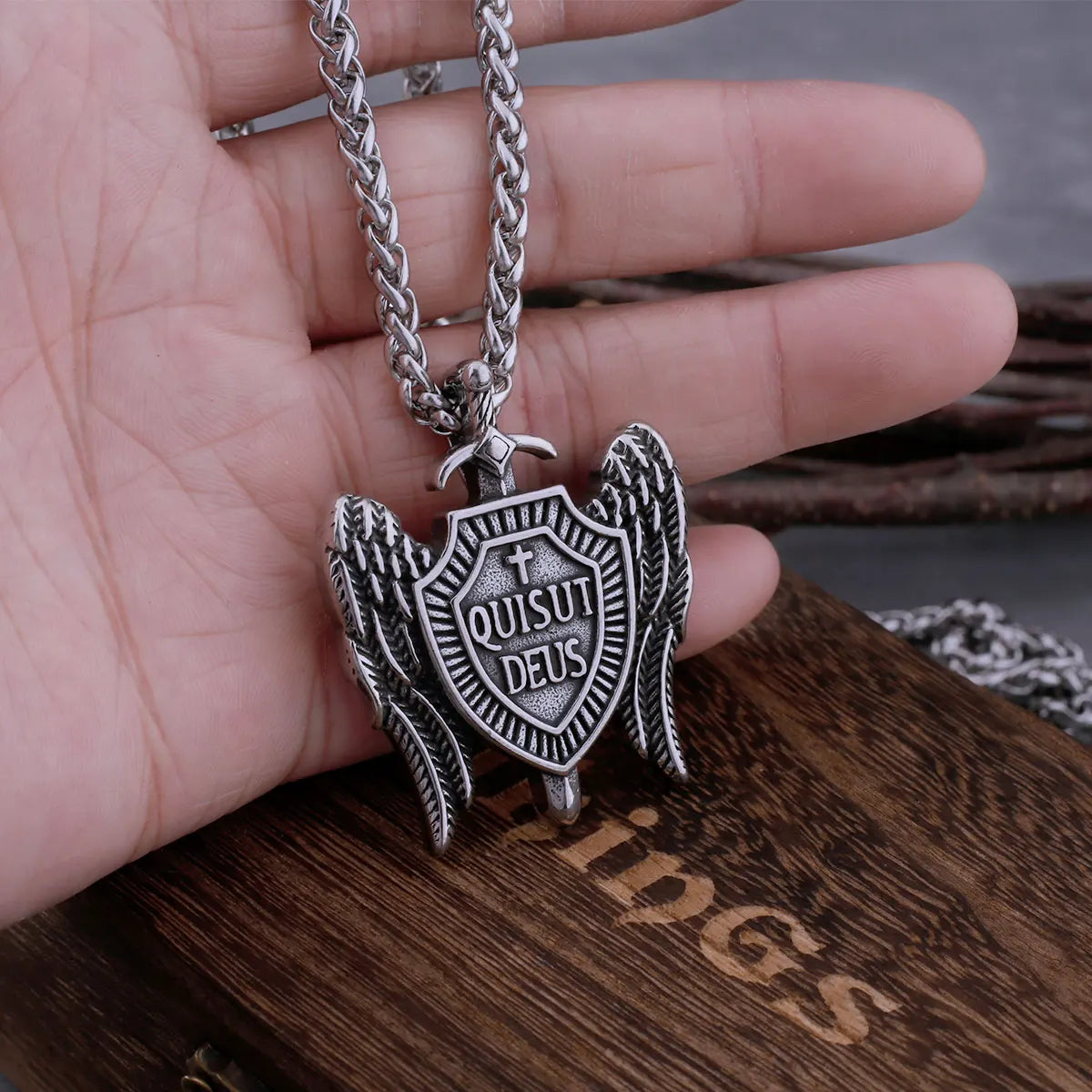 Stainless Steel Vintage Saint Michael Sword and Shield Viking Necklace