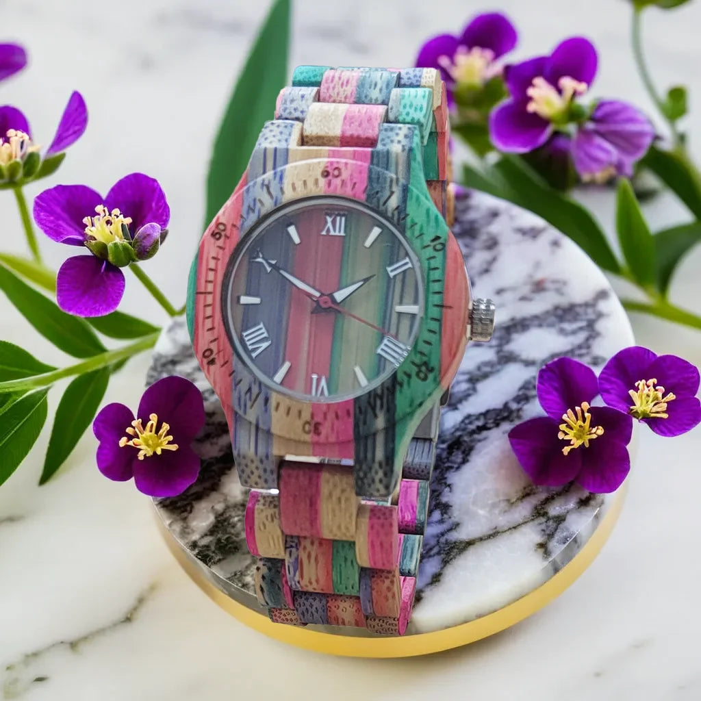 Reloj de mujer elegante y colorido reloj vikingo de madera de bambú