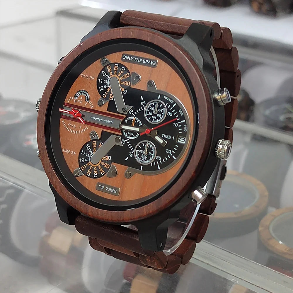 Fashion uurwerken chronograaf houten quartz pols Viking-horloge met grote wijzerplaat