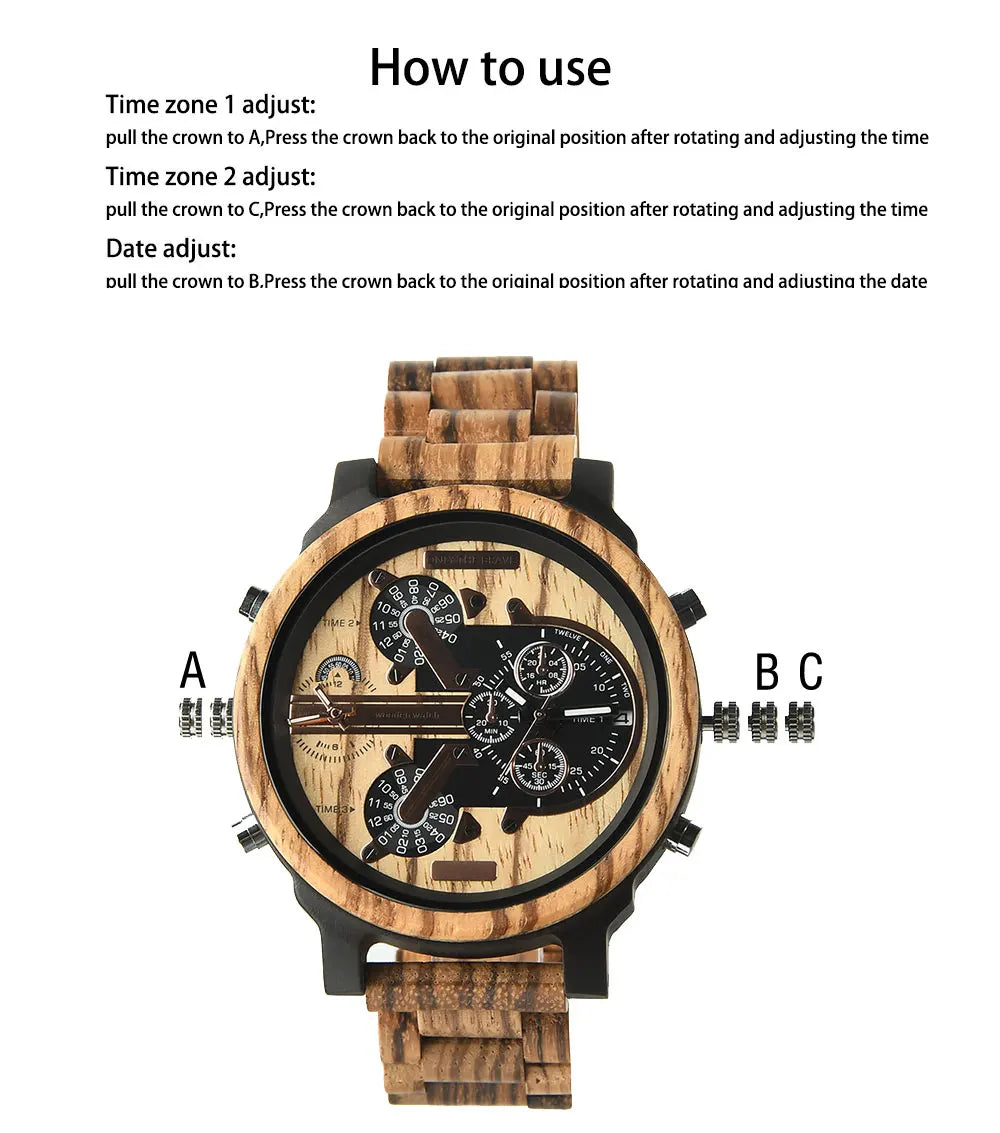 Relojes de pulsera de cuarzo de moda de madera grande con cara grande, vestido con correa, reloj doble, reloj vikingo de madera