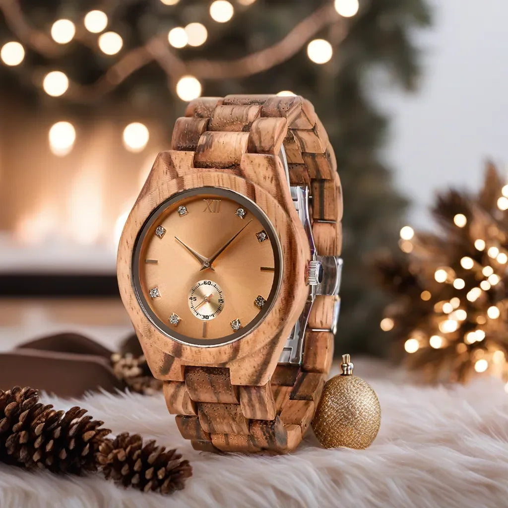 Dames gesimuleerd houten klok met diamanten wijzerplaat, mode-jubileum, gepersonaliseerd Viking-horloge