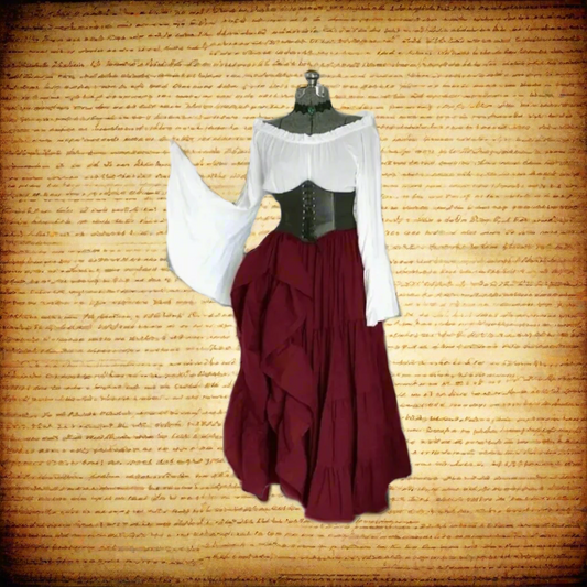 Full Viking Dress with white blouse, burgundy skirt, and bell sleeves